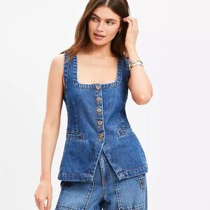 LOFT Denim Vest Top Petite 0P Square Neck Button Front